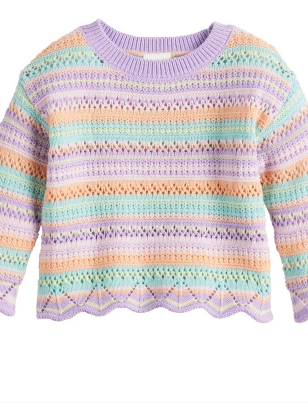 jumping beans Pastel Striped Crochet Crew Sweater in Lavender, Mint & Peach